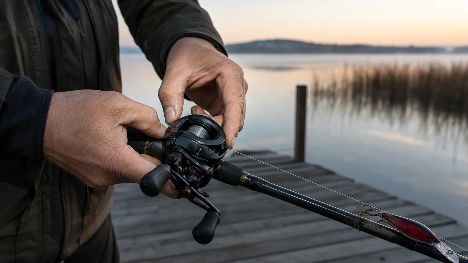 Angler making a precise adjustment to a baitcasting reel before fishing