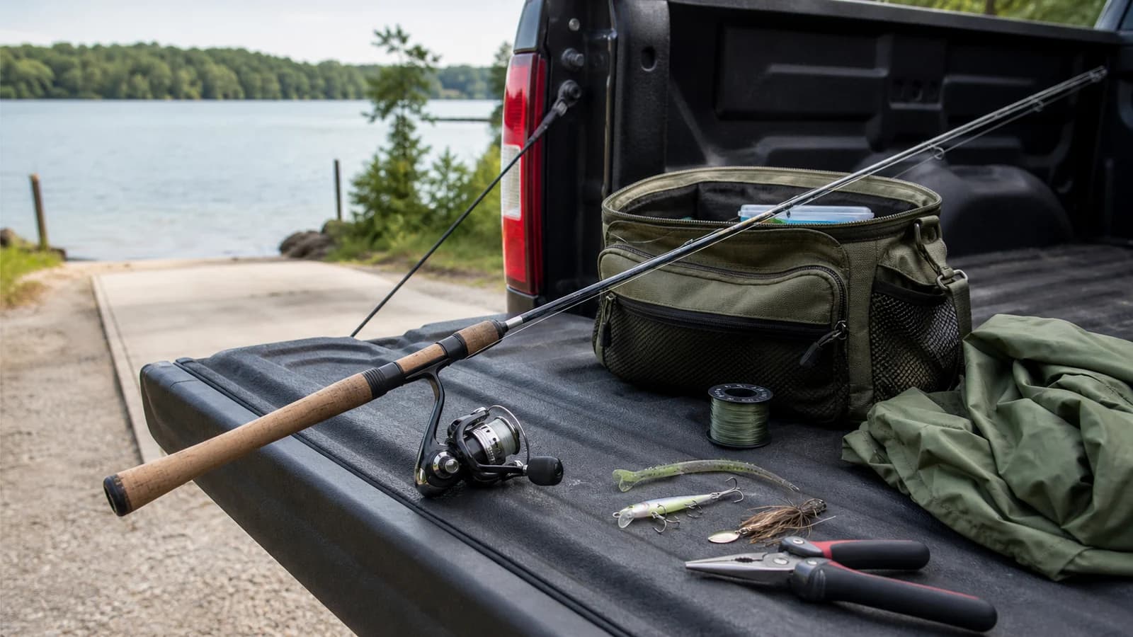 Practical freshwater spinning kit arranged on a pickup tailgate