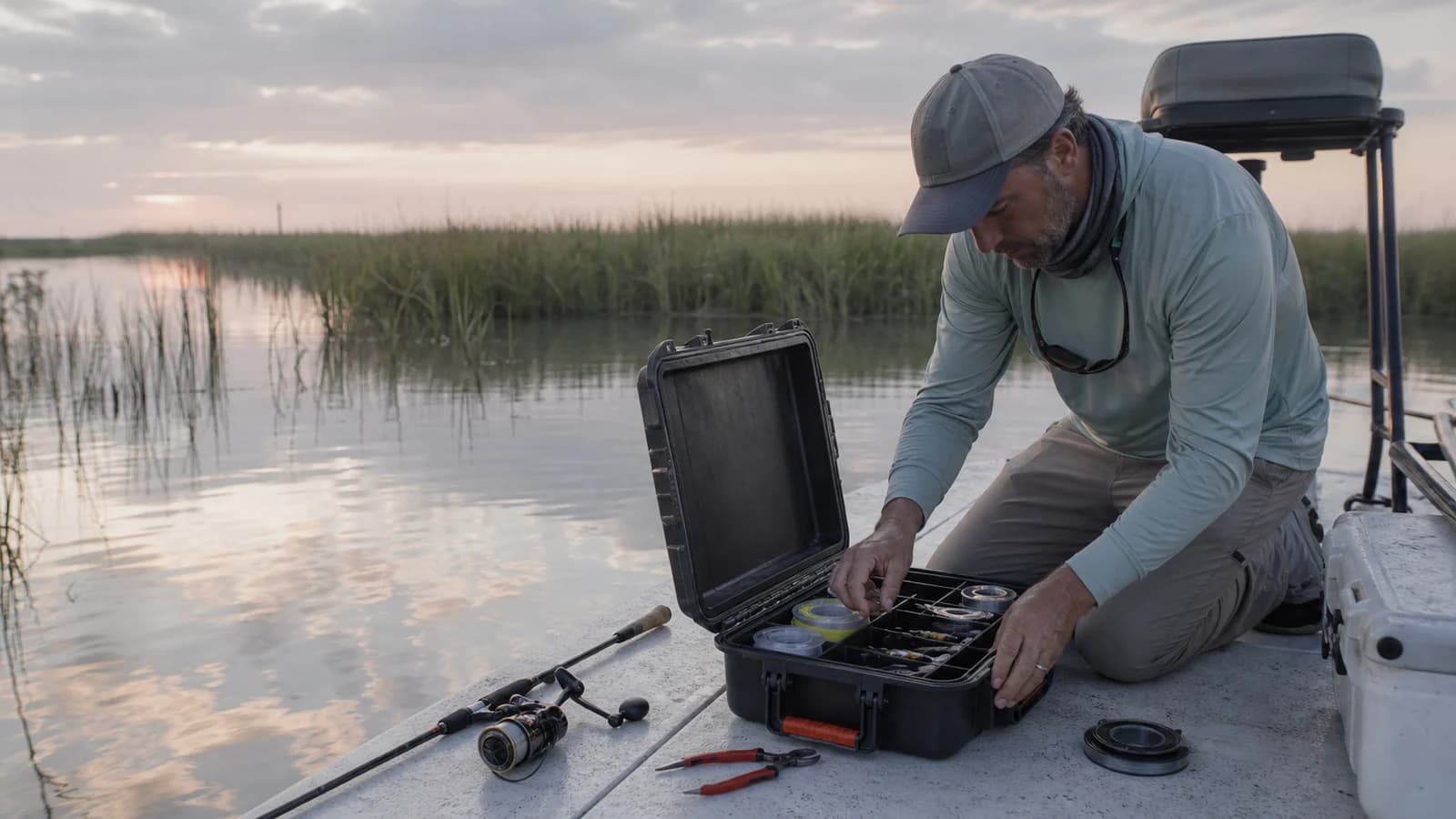 Coastal angler organizing a saltwater utility kit on a small skiff