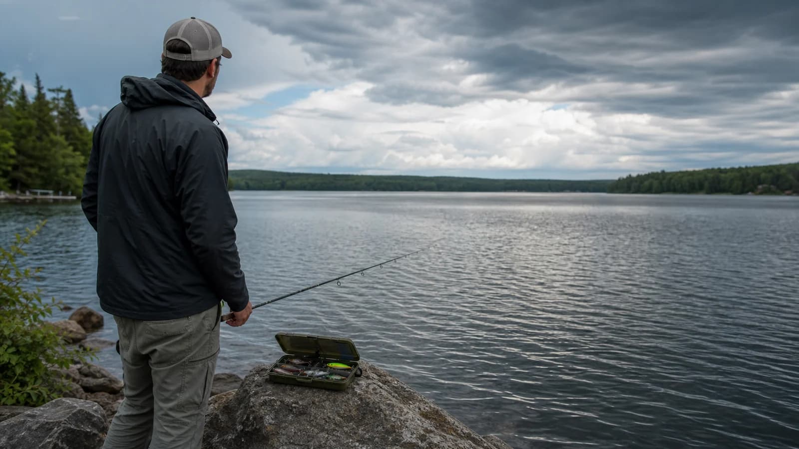 Angler reading wind lanes and cloud changes across a freshwater lake
