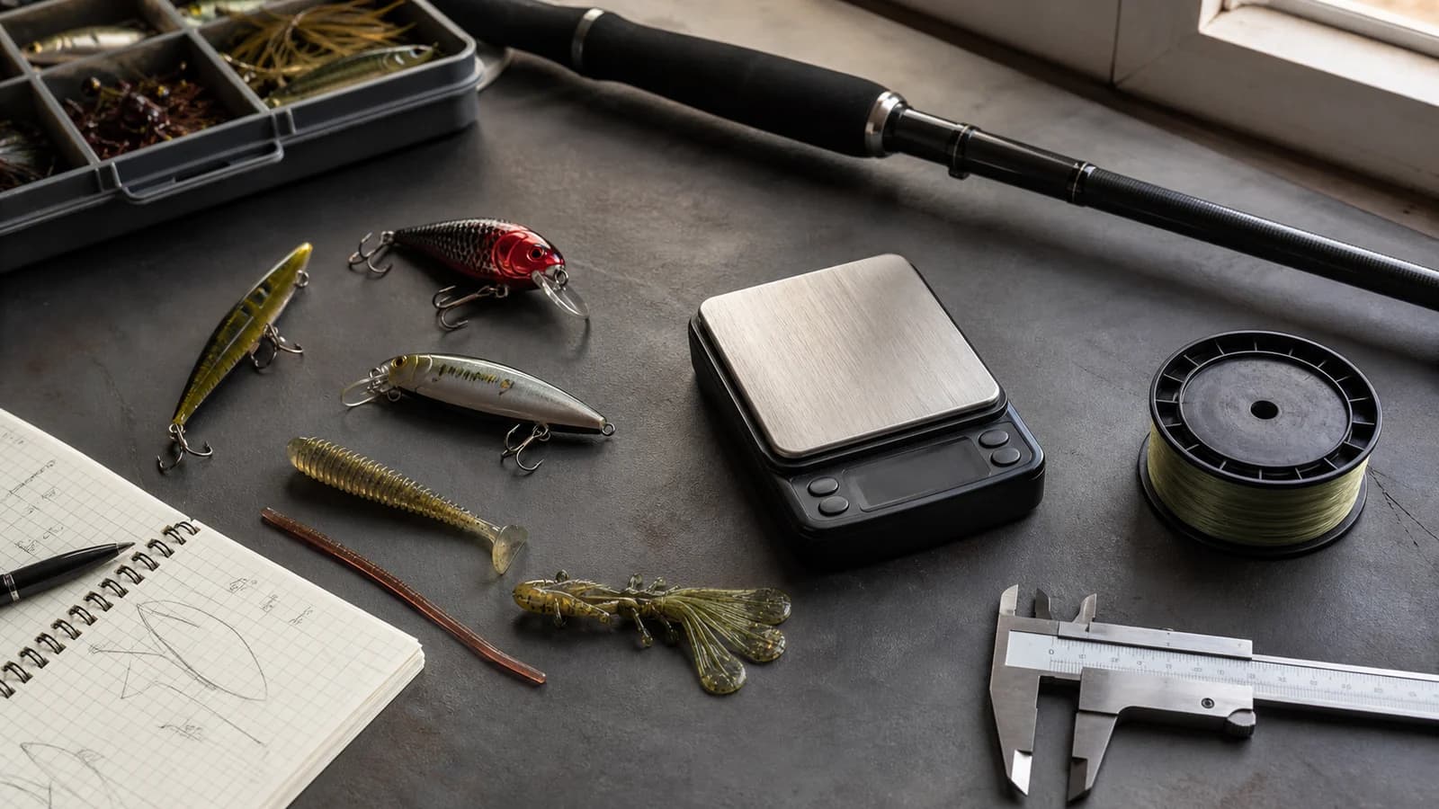 Lures, line, scale and rod arranged to compare working weight