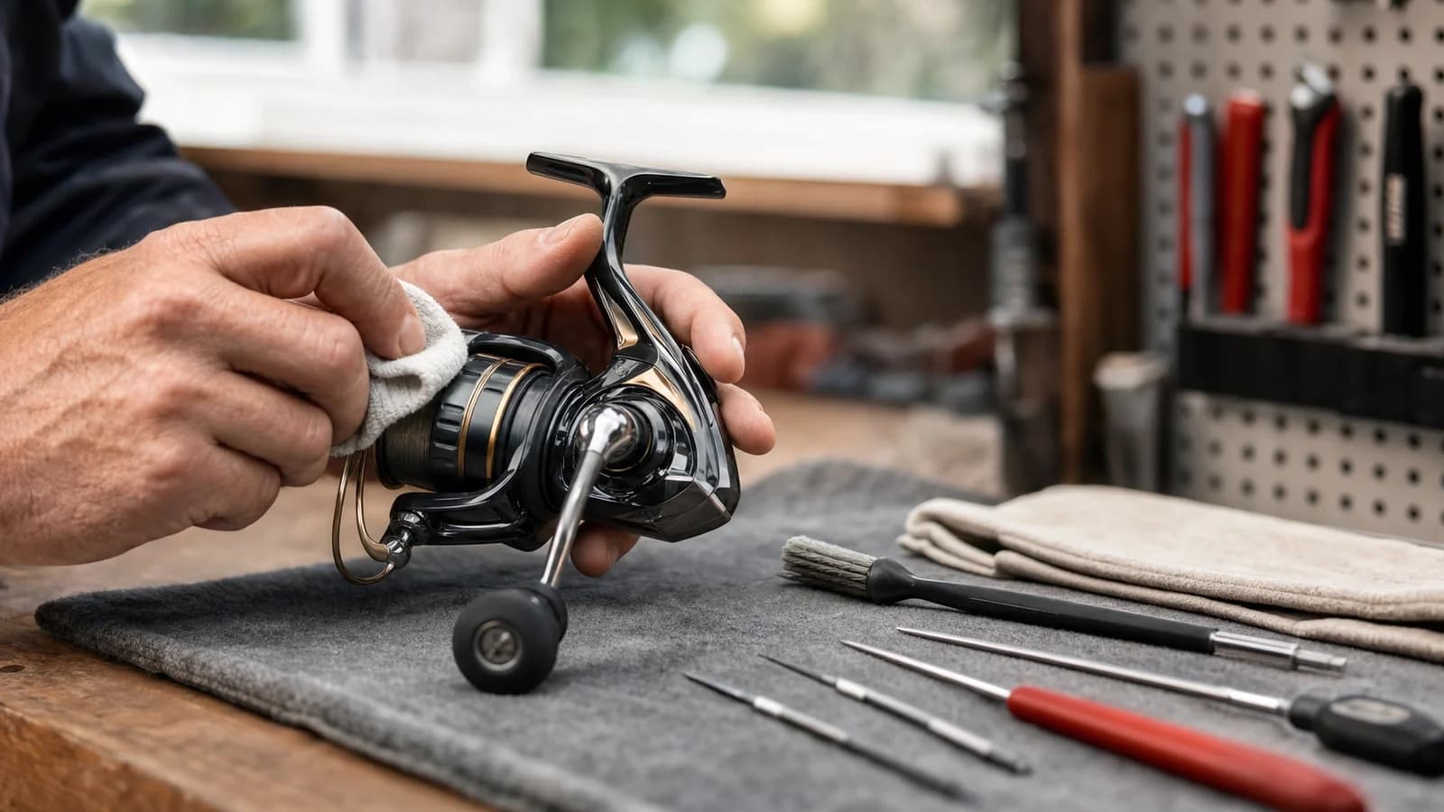 Spinning reel being inspected and cleaned on a service bench