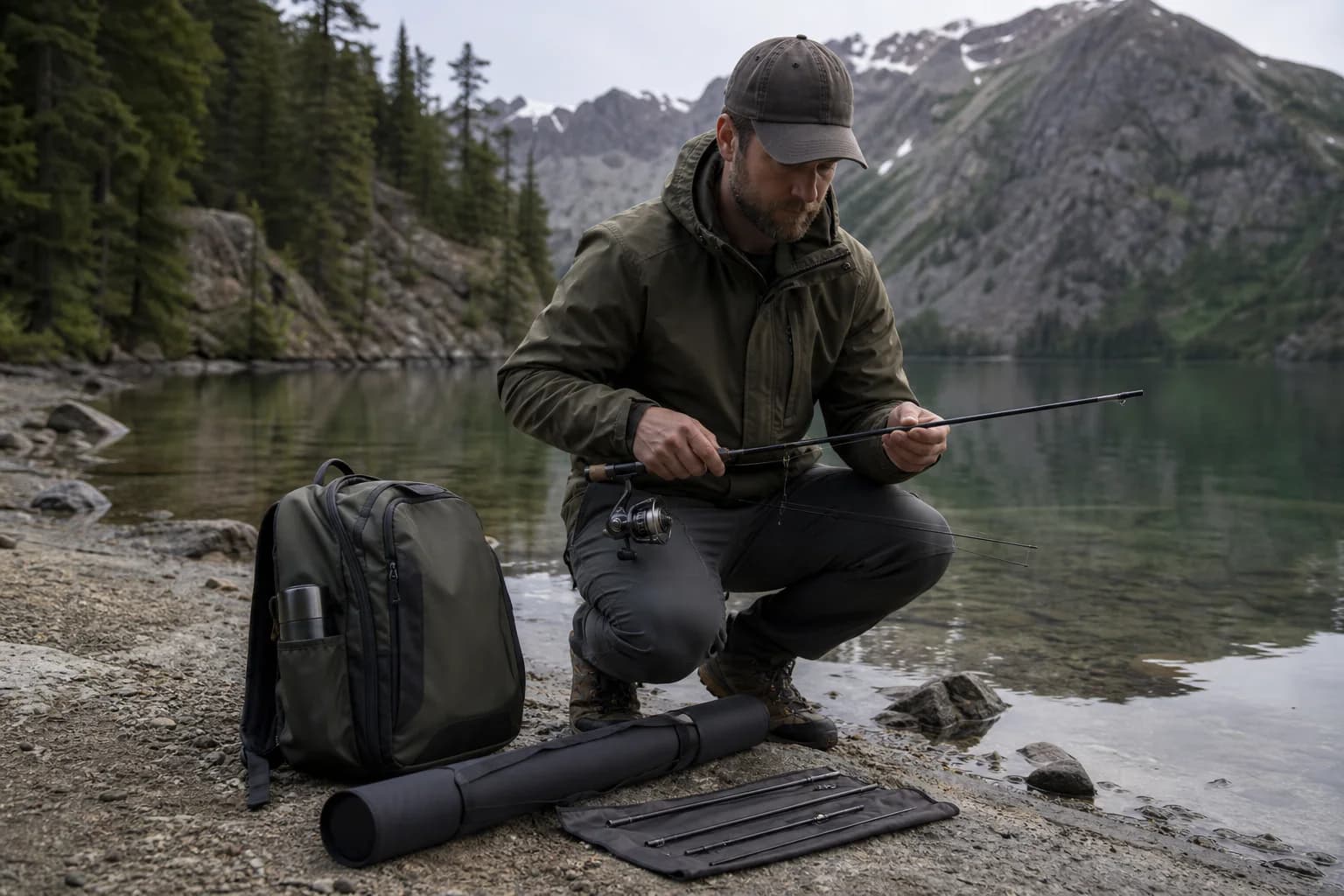 Angler assembling a multi-piece fishing rod beside a mountain lake
