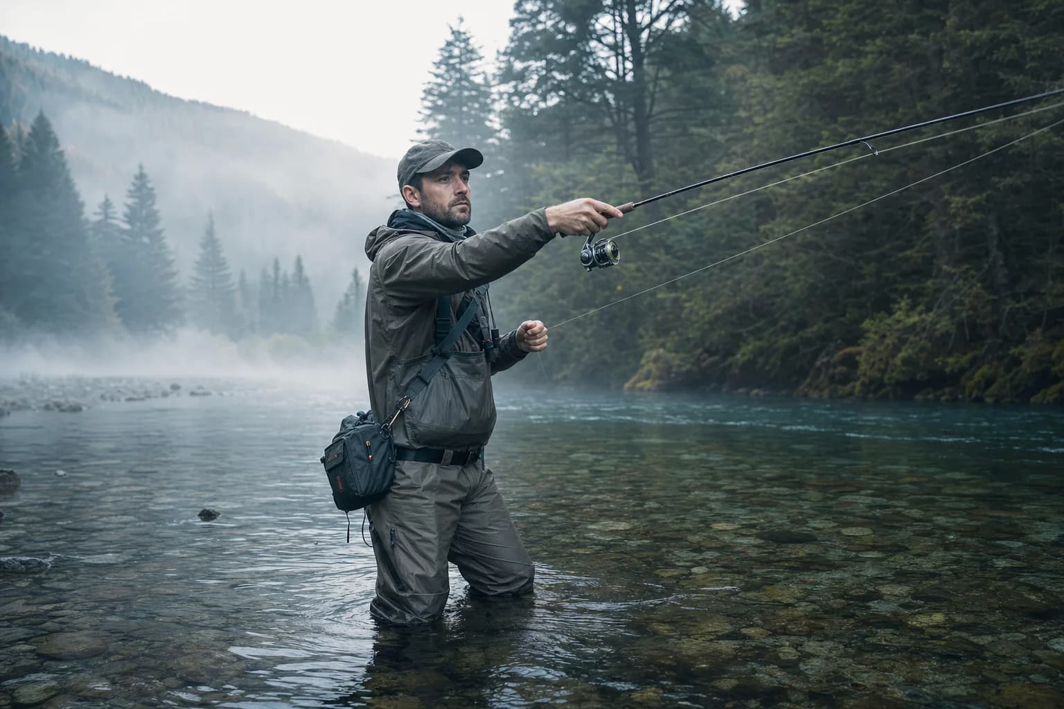 Freshwater angler presenting a light lure during a calm lake window