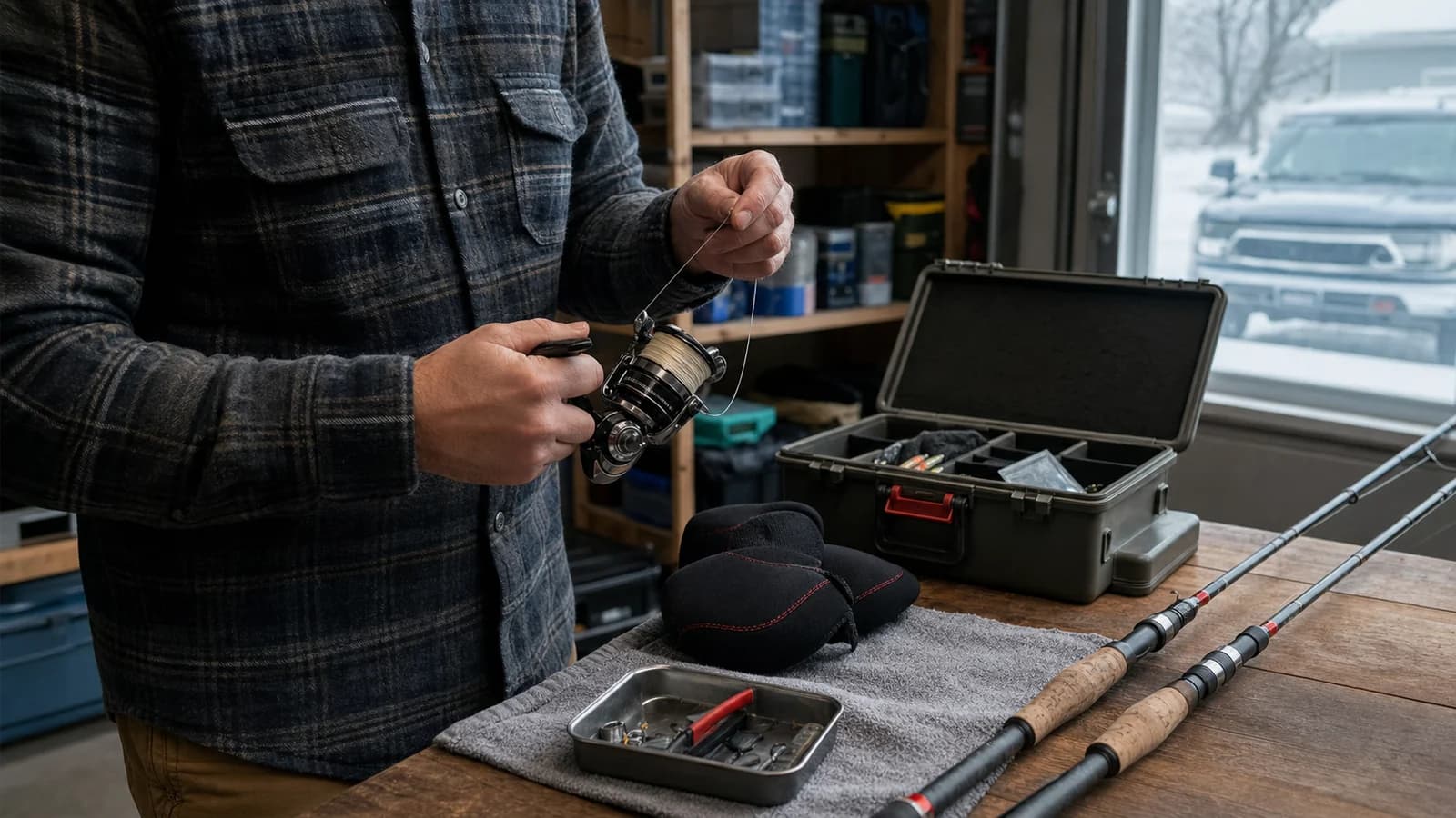 Angler inspecting reels and line during winter gear preparation