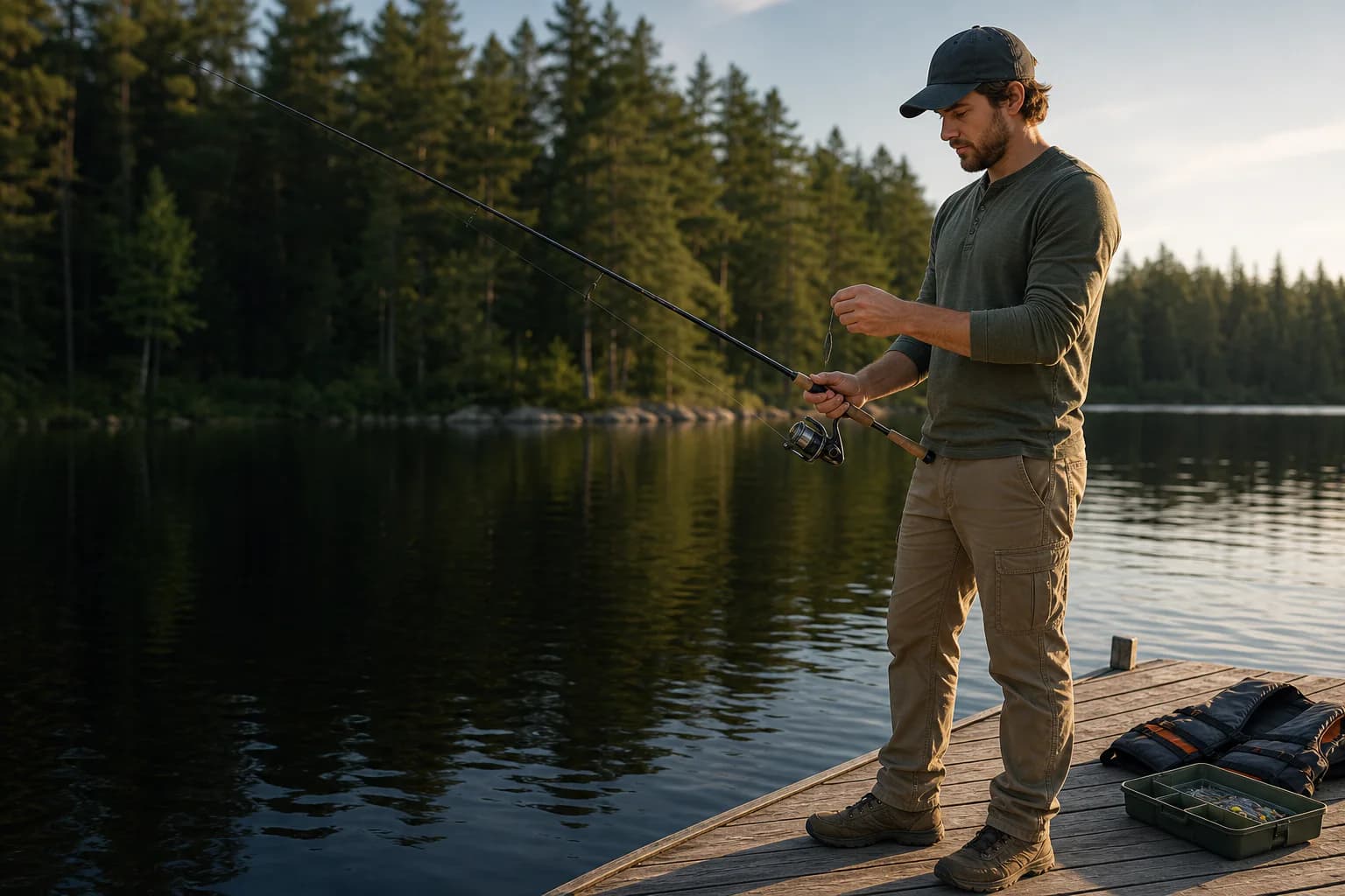 New angler checking a balanced spinning combo on a lakeside dock