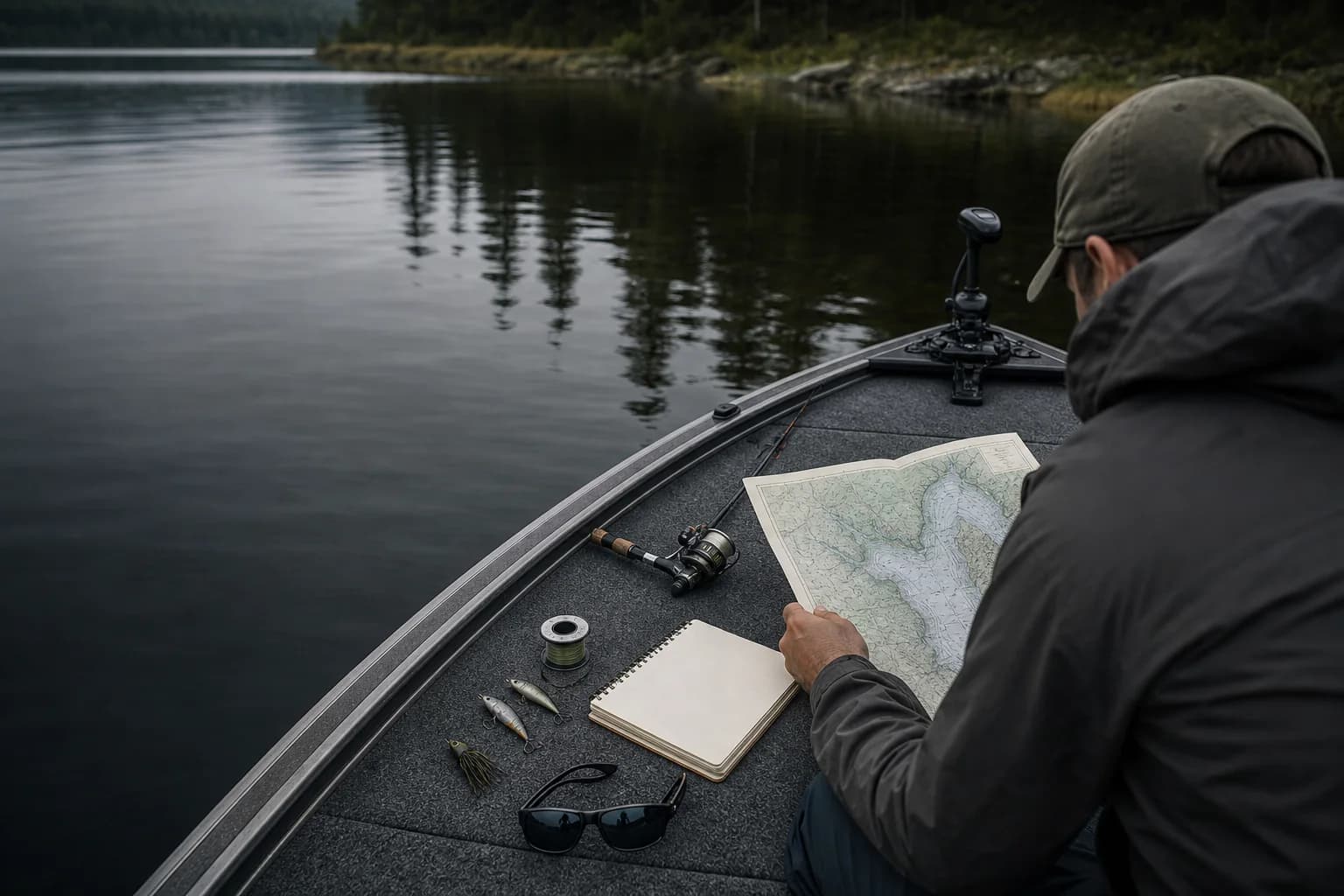 Angler planning a fishing session with a map, notebook and tackle on a boat