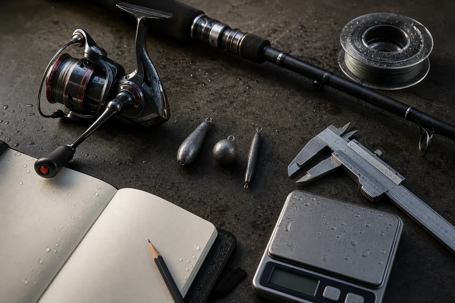 Fishing reel, rod, line, lure weights and measuring tools arranged for evaluation