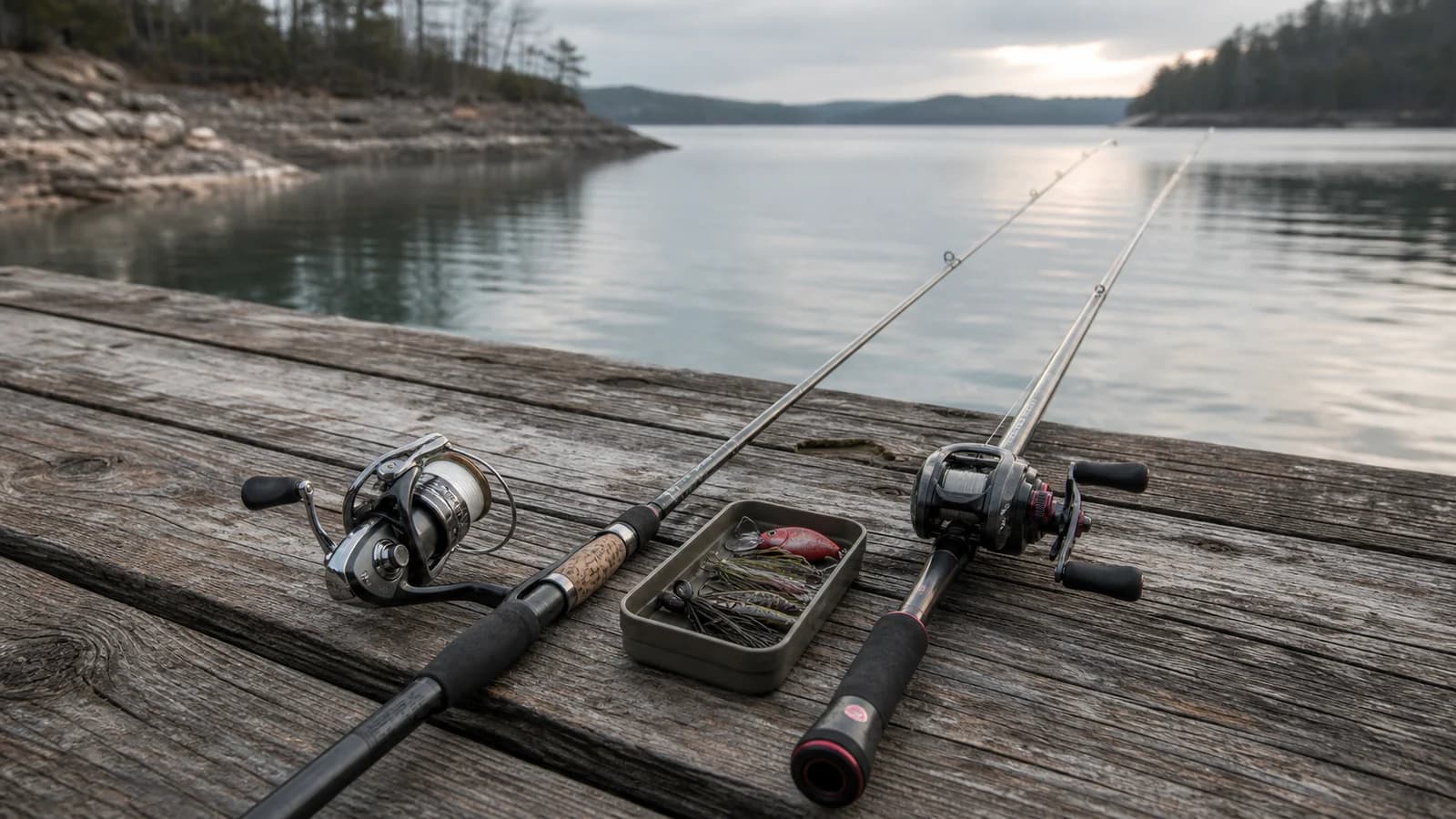 Spinning and baitcasting systems compared side by side on a dock